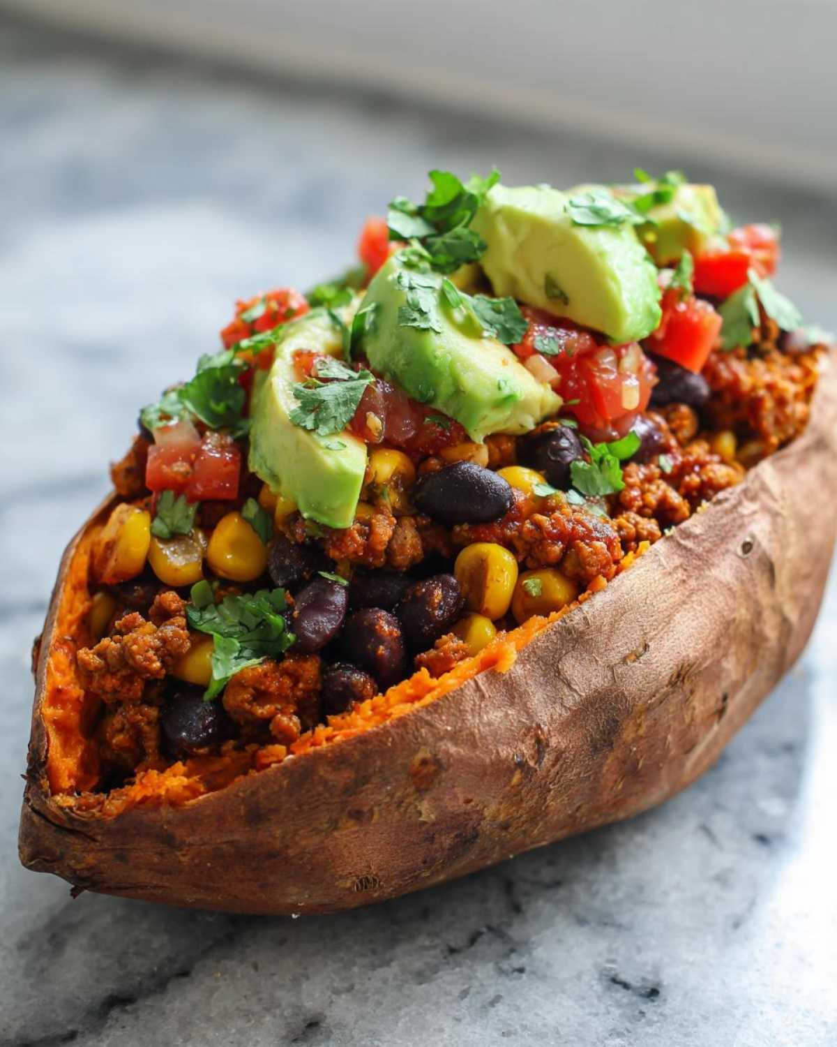 A baked sweet potato split open and filled with taco meat, black beans, corn, topped with avocado slices for Taco Stuffed Sweet Potatoes.