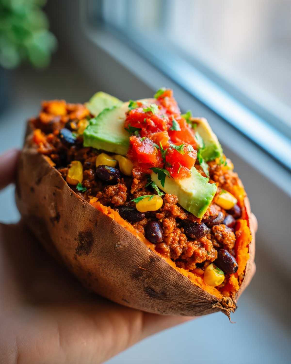 A hand holding a baked sweet potato filled with seasoned taco meat, black beans, corn, avocado slices, and salsa for Taco Stuffed Sweet Potatoes.