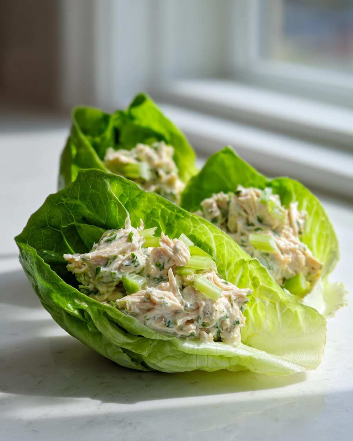 Three fresh tuna salad lettuce wraps showing the creamy filling and celery chunks, demonstrating the Easiest Way to Eat.