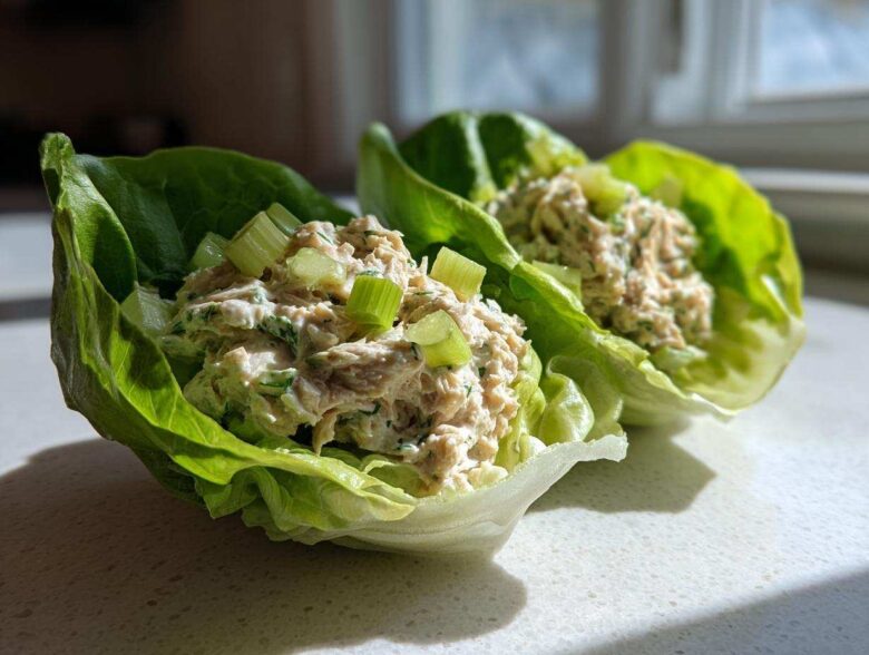 Two fresh tuna salad lettuce wraps topped with chopped celery, showing the Easiest Way to Eat lunch.