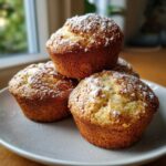 A stack of three golden brown Vanilla Chai Muffins dusted generously with white powdered sugar on a light plate.