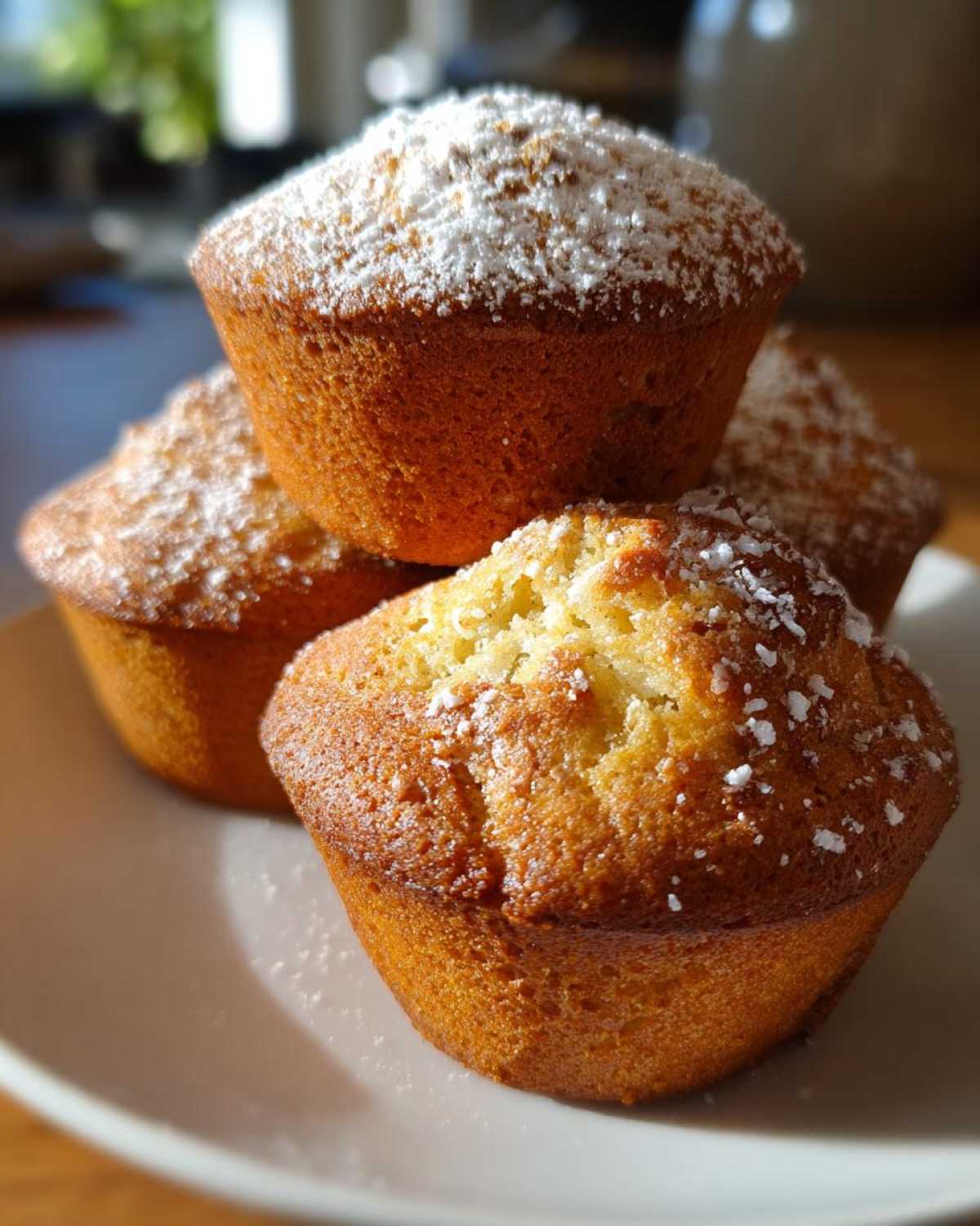 Close-up of golden Vanilla Chai Muffins stacked on a white plate and lightly dusted with powdered sugar.