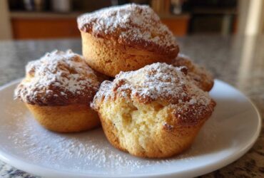 A stack of four golden Vanilla Chai Muffins dusted heavily with powdered sugar on a white plate.