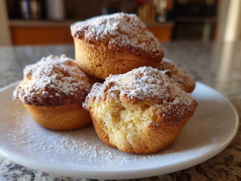 A stack of four golden Vanilla Chai Muffins dusted heavily with powdered sugar on a white plate.