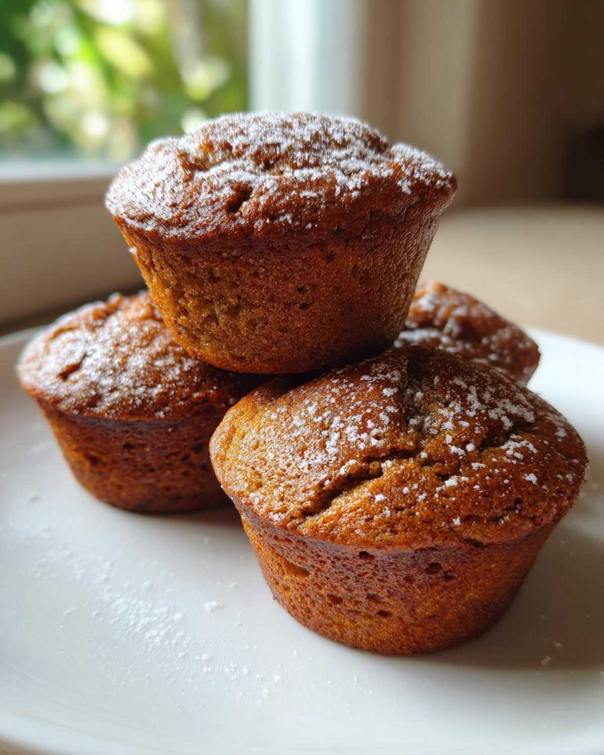 A stack of four golden brown Vanilla Chai Muffins dusted lightly with powdered sugar on a white plate.