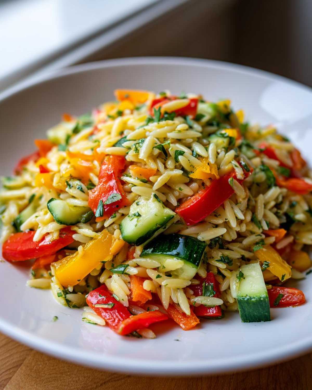 Close-up of a vibrant Veggie Rainbow Orzo Salad featuring orzo pasta, chopped red and yellow peppers, and chunks of cucumber.