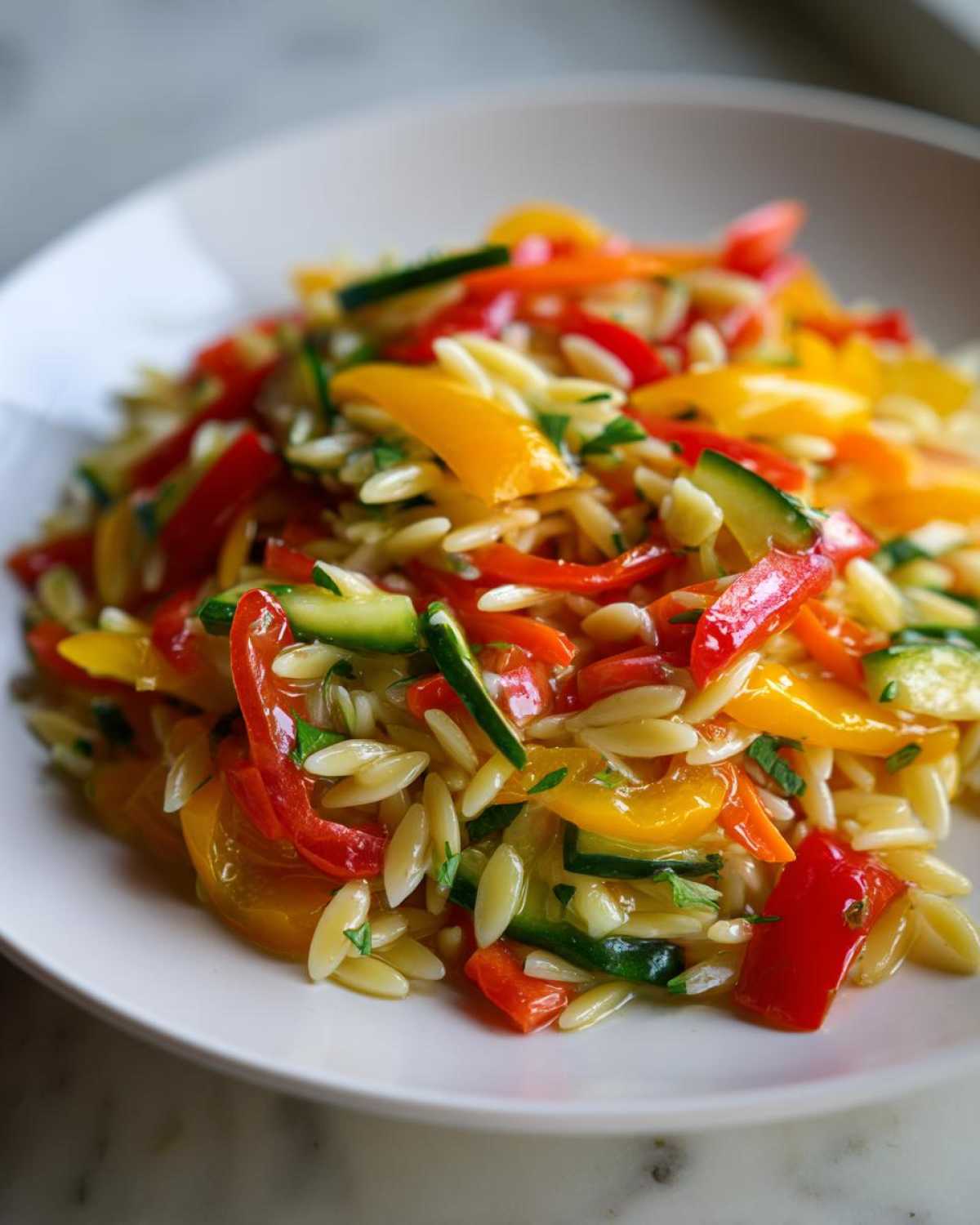 Close-up of a vibrant Veggie Rainbow Orzo Salad featuring orzo pasta, red, yellow, and orange peppers, and sliced zucchini.