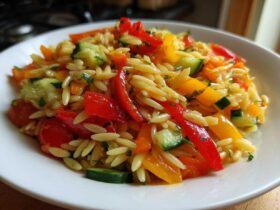 Close-up of a vibrant Veggie Rainbow Orzo Salad featuring orzo pasta, red and yellow peppers, and cucumber chunks.