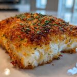 A close-up of a perfectly cooked Air Fryer Crispy Cod fillet with golden-brown breading and green herbs.