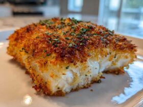 A close-up of a perfectly cooked Air Fryer Crispy Cod fillet with golden-brown breading and green herbs.