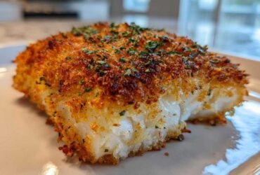 A close-up of a perfectly cooked Air Fryer Crispy Cod fillet with golden-brown breading and green herbs.