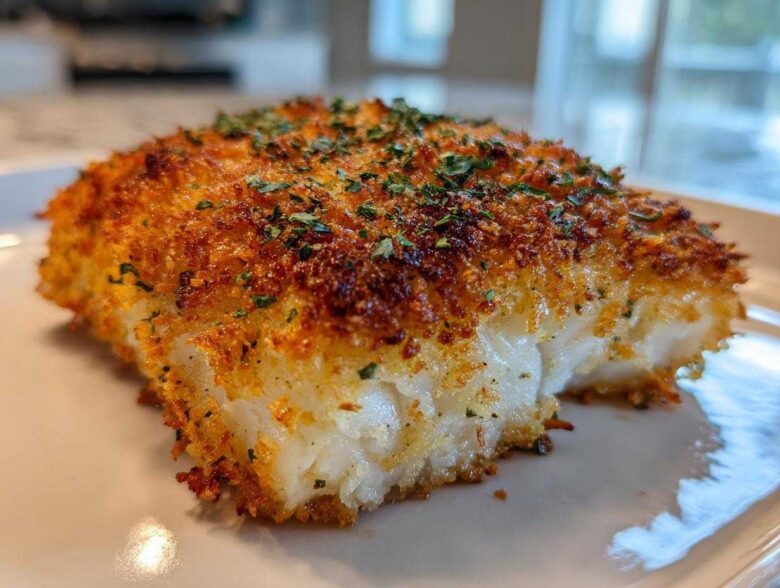 A close-up of a perfectly cooked Air Fryer Crispy Cod fillet with golden-brown breading and green herbs.