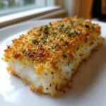 A close-up of a perfectly cooked Air Fryer Crispy Cod fillet with golden breading and parsley.