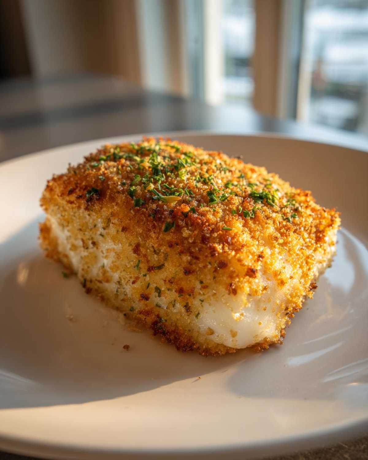 Close-up of a golden brown, breaded Air Fryer Crispy Cod fillet topped with fresh herbs on a white plate.