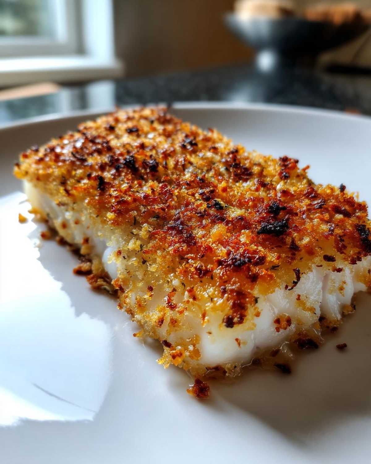 Close-up of a perfectly cooked Air Fryer Crispy Cod fillet with a golden brown, crunchy topping on a white plate.