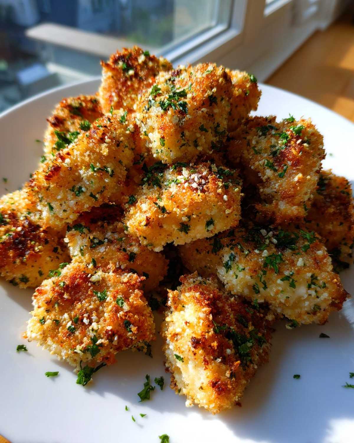 A pile of golden, crispy Air Fryer Garlic Parmesan Chicken pieces garnished with fresh parsley on a white plate.