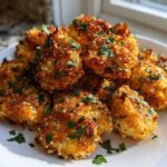 A pile of crispy, golden brown Air Fryer Garlic Parmesan Chicken pieces garnished with fresh parsley on a white plate.