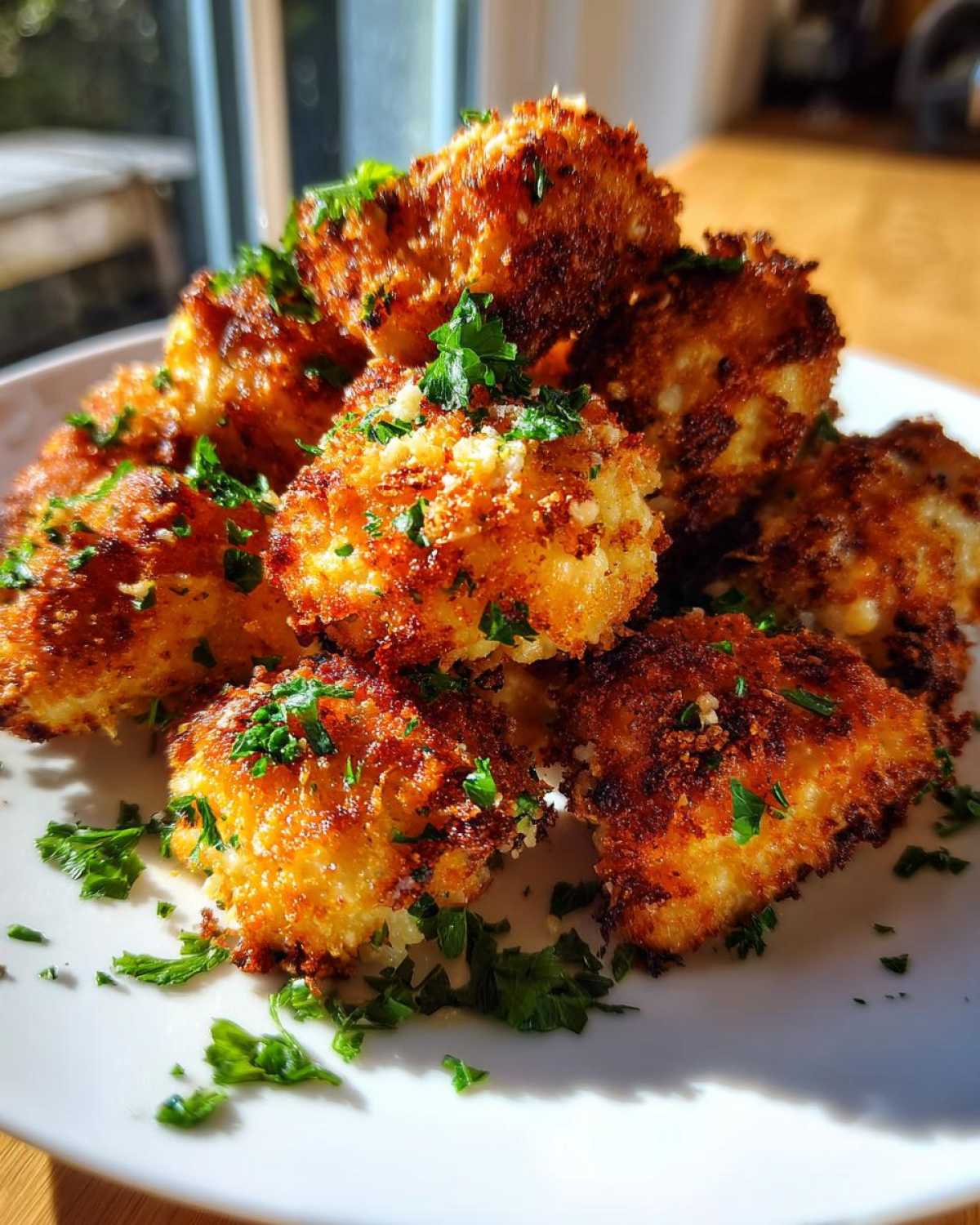 Golden brown, crispy pieces of Air Fryer Garlic Parmesan Chicken garnished with fresh parsley on a white plate.