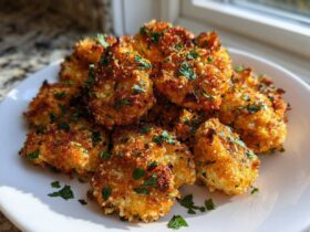 A pile of crispy, golden brown Air Fryer Garlic Parmesan Chicken pieces garnished with fresh parsley on a white plate.