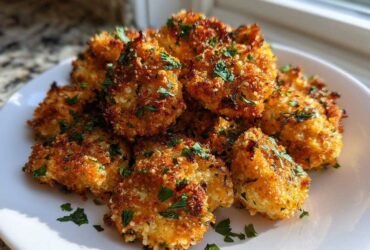 A pile of crispy, golden brown Air Fryer Garlic Parmesan Chicken pieces garnished with fresh parsley on a white plate.