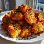 A pile of golden brown, crispy Air Fryer Garlic Parmesan Chicken pieces garnished with fresh parsley.