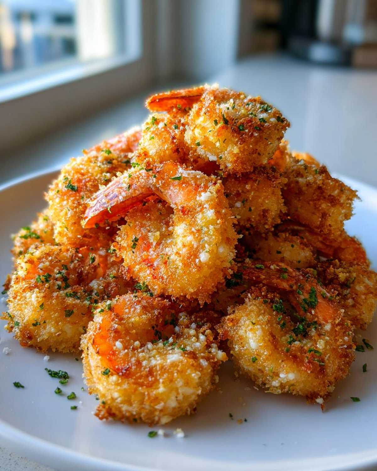A pile of golden brown, crispy Air Fryer Garlic Parmesan Shrimp garnished with parsley on a white plate.