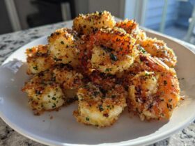 A pile of crispy, golden Air Fryer Garlic Parmesan Shrimp seasoned with parsley on a white plate.