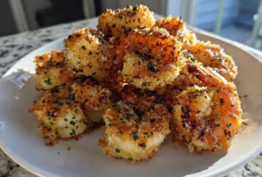 A pile of crispy, golden Air Fryer Garlic Parmesan Shrimp seasoned with parsley on a white plate.