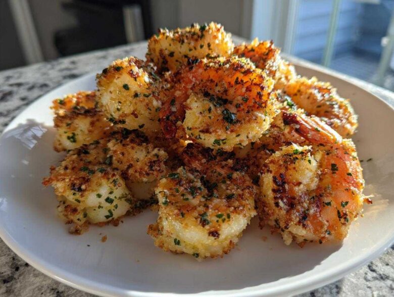 A pile of crispy, golden Air Fryer Garlic Parmesan Shrimp seasoned with parsley on a white plate.
