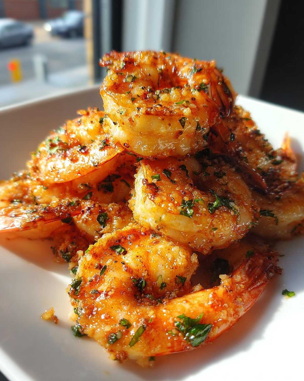 A close-up stack of juicy Air Fryer Garlic Parmesan Shrimp coated in spices and herbs on a white plate.