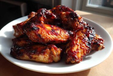 A close-up of sticky, caramelized BBQ Chicken Wings piled high on a white plate, glistening under natural light.