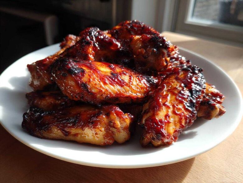 A close-up of sticky, caramelized BBQ Chicken Wings piled high on a white plate, glistening under natural light.