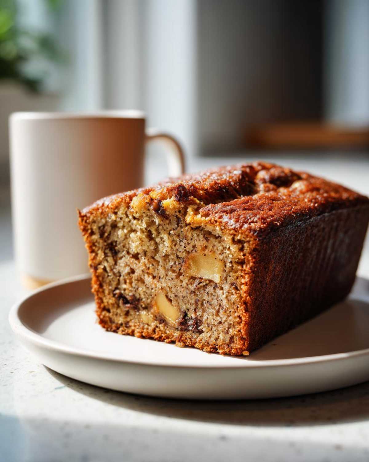 Close-up of a freshly baked Apple Cinnamon Bread loaf slice on a plate next to a mug.