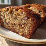 Close-up of a thick slice of moist Apple Cinnamon Bread showing nuts and a rich crumb texture.