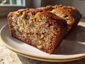 Close-up of a thick slice of moist Apple Cinnamon Bread showing nuts and a rich crumb texture.
