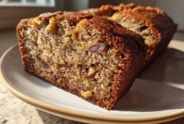 Close-up of a thick slice of moist Apple Cinnamon Bread showing nuts and a rich crumb texture.