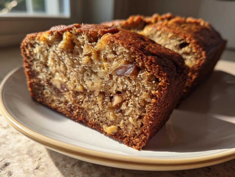 Close-up of a thick slice of moist Apple Cinnamon Bread showing nuts and a rich crumb texture.