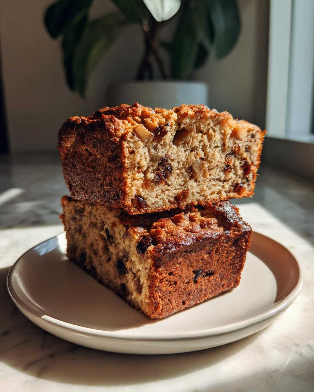 Two slices of moist Apple Cinnamon Bread stacked on a small plate, showing visible chunks of apple and raisins inside.