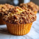 A close-up, appetizing shot of a freshly baked Apple Cinnamon Crumb Muffin with a thick, sugary crumb topping.