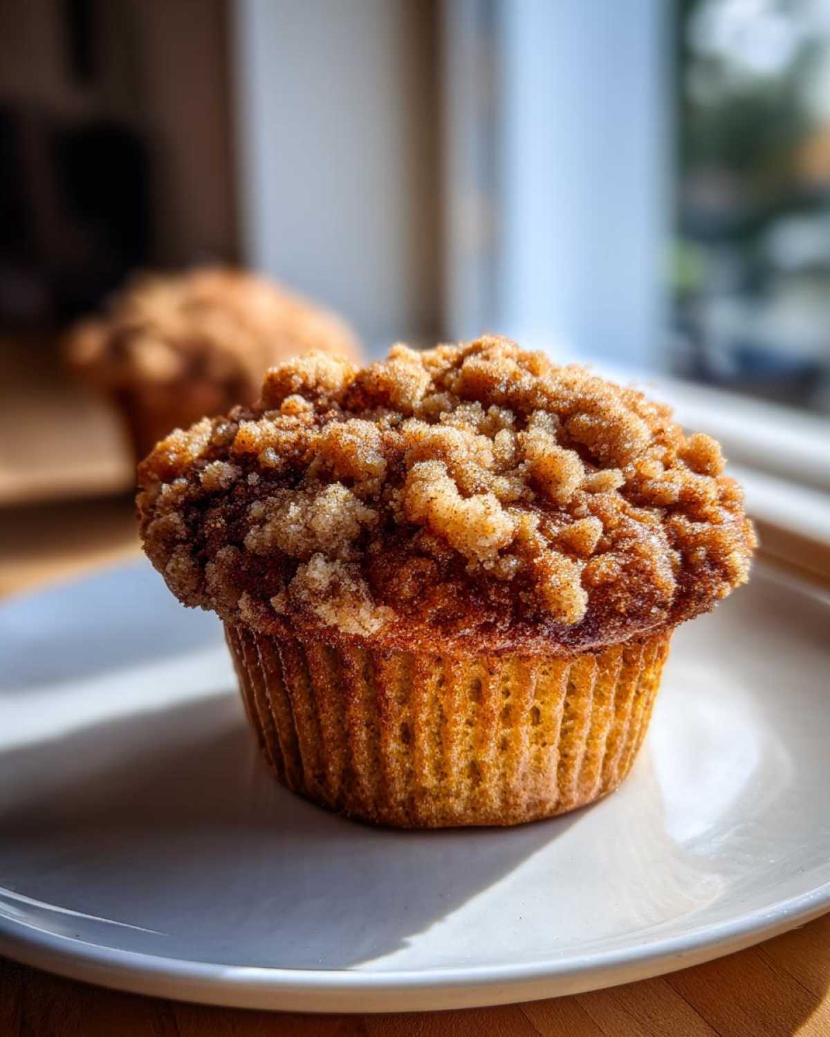 A close-up of a perfectly baked Apple Cinnamon Crumb Muffin with a thick, sugary streusel topping, sitting on a white plate.