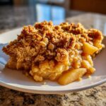 A close-up, appetizing serving of homemade Apple Crisp showing tender cooked apples beneath a thick, crunchy oat crumble topping.