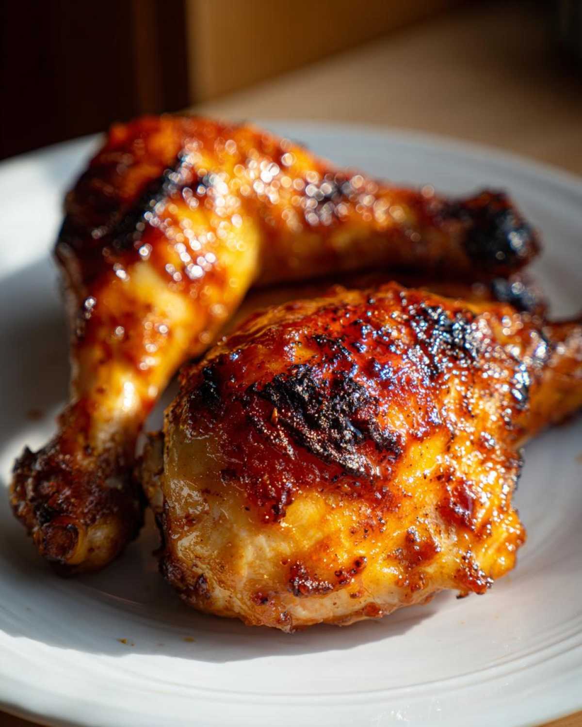 Close-up of two beautifully glazed and slightly charred baked chicken legs resting on a white plate.
