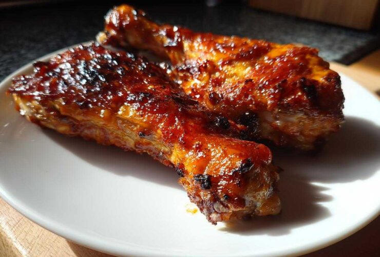 Two glossy, caramelized Baked Chicken Legs resting on a white plate, highlighted by strong sunlight.