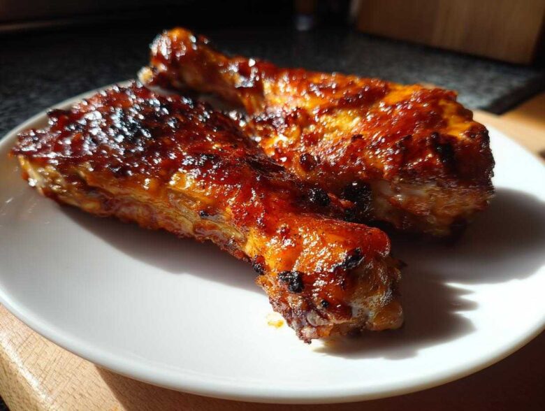 Two glossy, caramelized Baked Chicken Legs resting on a white plate, highlighted by strong sunlight.