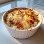 Close-up of hot, bubbly Baked Pickle Dip with a golden-brown, cheesy crust in a white ramekin.
