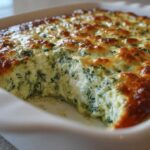 Close-up of a freshly baked, creamy Spinach Dip in a white casserole dish with a golden, bubbly cheese crust.
