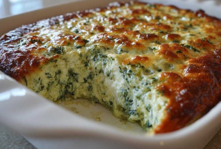 Close-up of a freshly baked, creamy Spinach Dip in a white casserole dish with a golden, bubbly cheese crust.