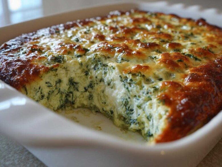 Close-up of a freshly baked, creamy Spinach Dip in a white casserole dish with a golden, bubbly cheese crust.