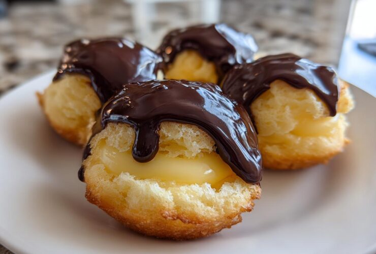 Four delicious Boston Cream Pie Cookie Bites filled with custard and topped with dripping dark chocolate ganache.