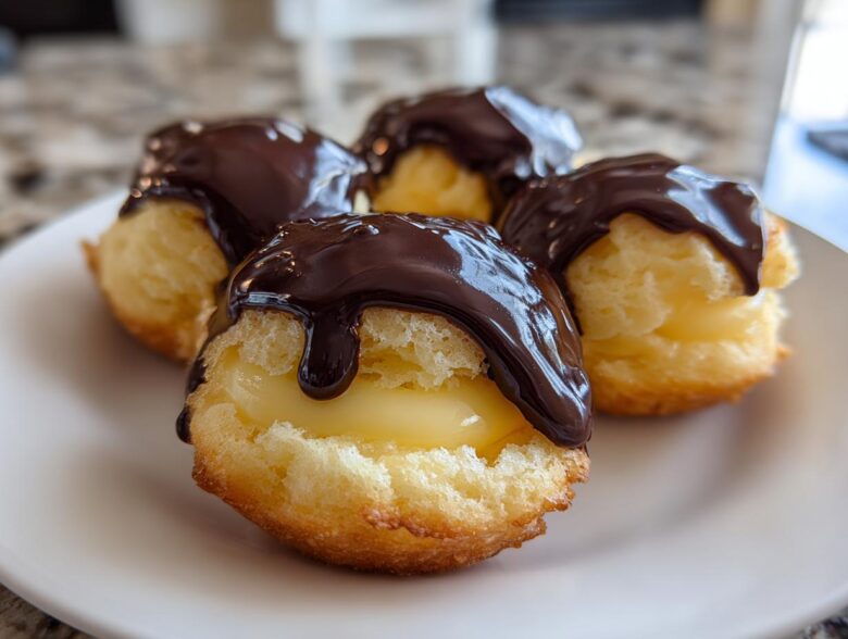 Four delicious Boston Cream Pie Cookie Bites filled with custard and topped with dripping dark chocolate ganache.